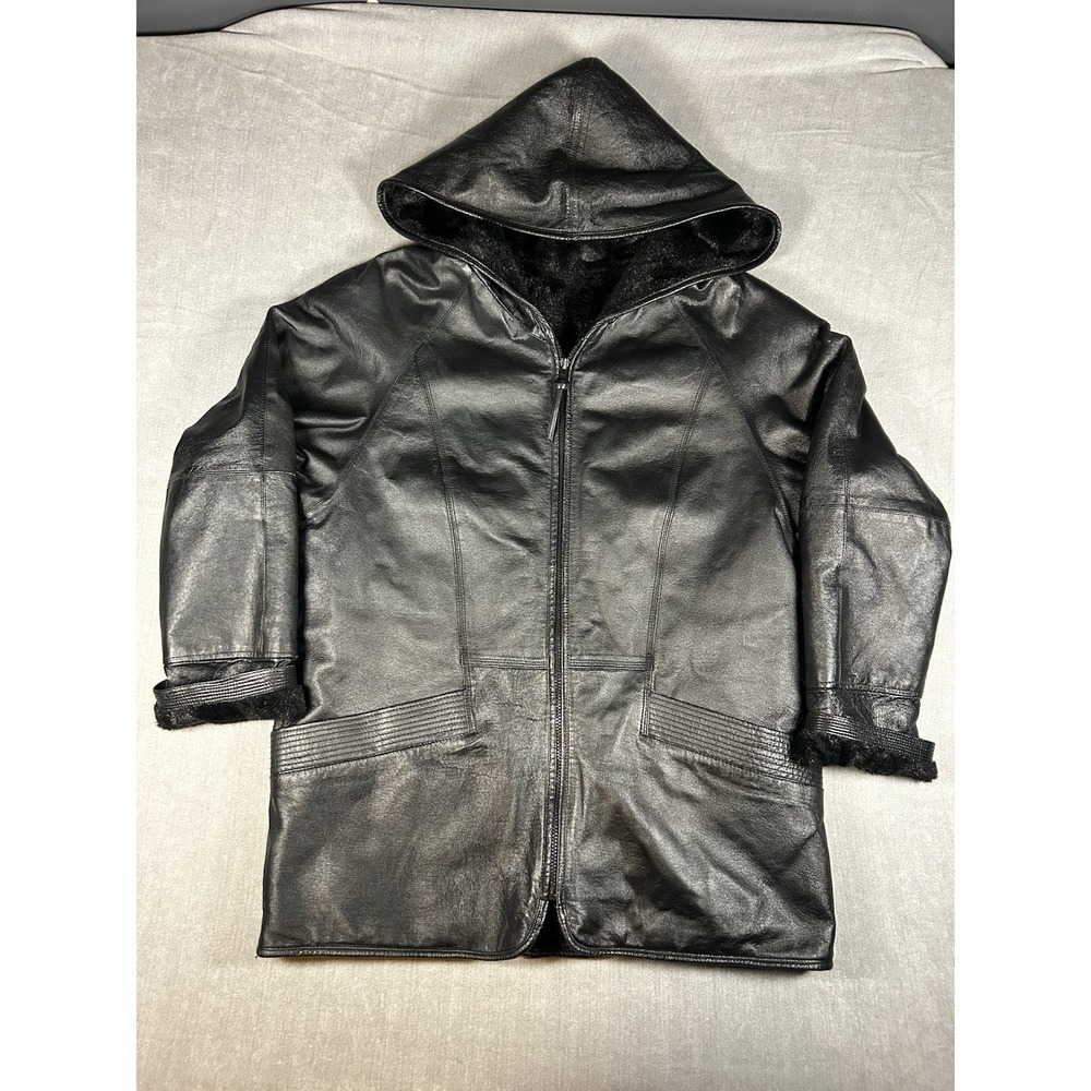 New York by Winlit Black Genuine Leather Hooded Jacket Faux Fur Lined Men's M